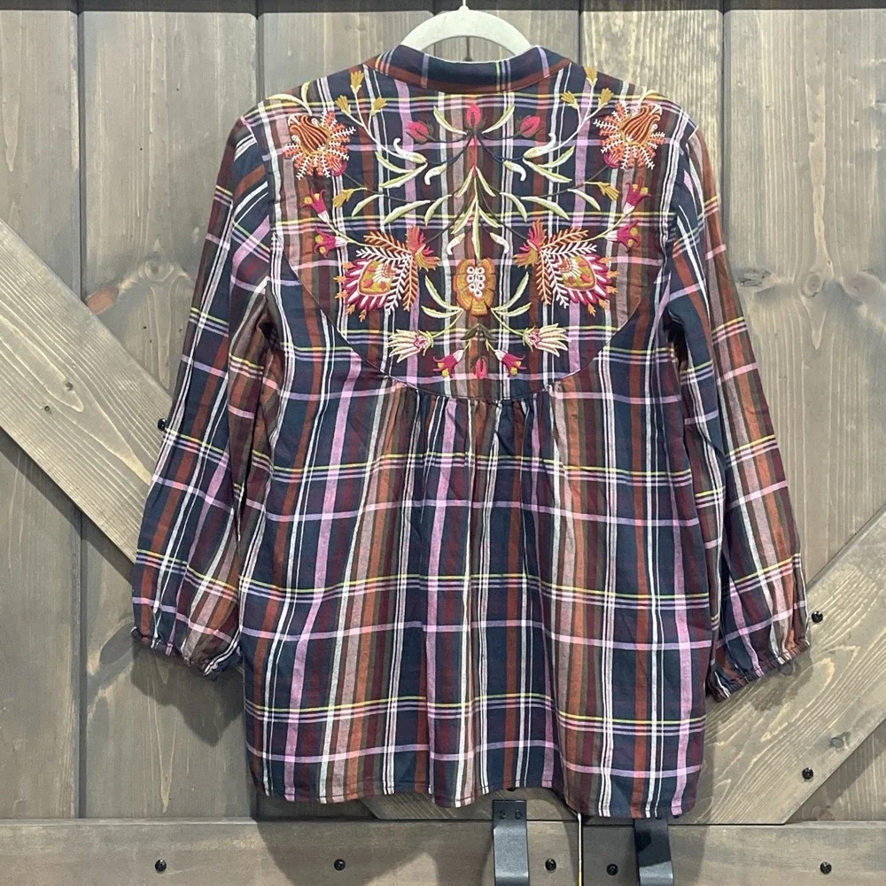 Johnny Was Top Rosalva Paris Blouse Plaid Embroidered Workshop Boho Women's XS